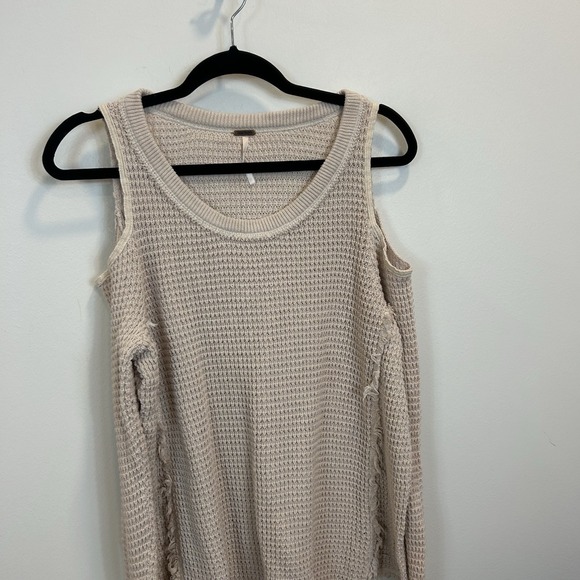 Free People Sunrise Small Cold Shoulder Tunic Sweater Beige Waffle Knit - Picture 2 of 11